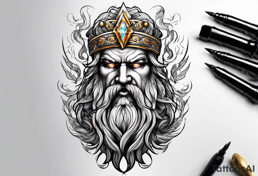 Zeus tattoo with lighting eyes, angry and holding lighting bolts tattoo idea