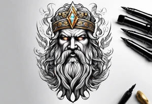 Zeus tattoo with lighting eyes, angry and holding lighting bolts tattoo idea
