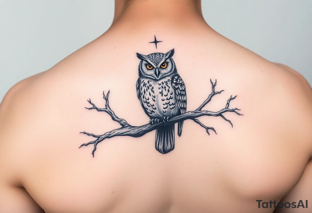 wise owl perched on ancient oak branch under starlit sky tattoo idea