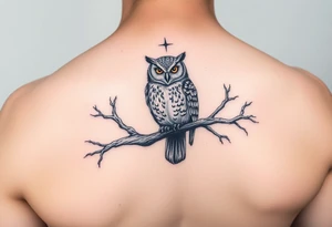 wise owl perched on ancient oak branch under starlit sky tattoo idea