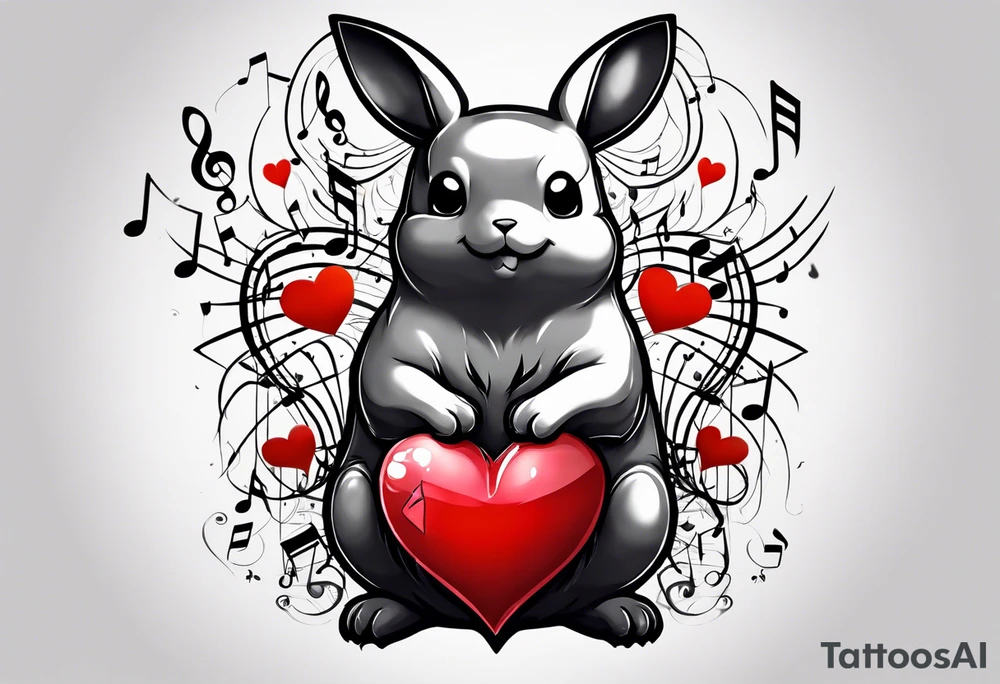 Pickachu squeezing a heart made from a trouble clef and music notes tattoo idea