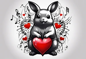 Pickachu squeezing a heart made from a trouble clef and music notes tattoo idea