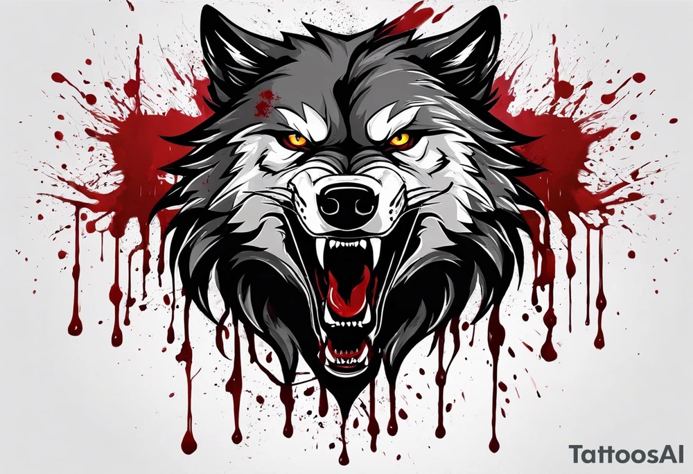 Create aggressive WOLF, with some blood coming out of his mouth and saliva. BLOOD IN THE BACKGROUND. Make it a drawing and use the image of reference. I am going to add. I want HIM TO BE ANGRY WITH RED EYES use VICIOUS WOLF THATS ANGRY tattoo idea