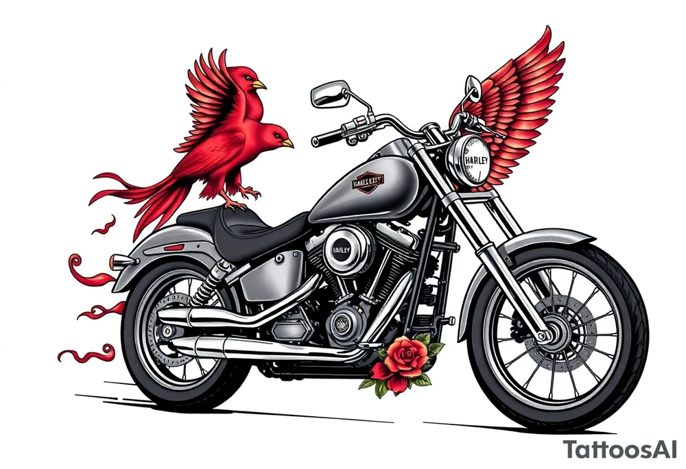 Harley grey motorcycle driving away, two red birds flying, roses, flames, angel wings tattoo idea
