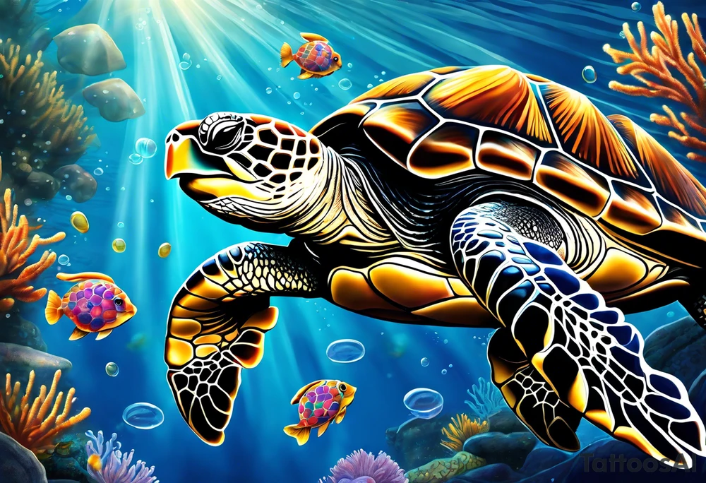 large sea turtle with its head on the right side of the image pieces of corral around it and bubbles, exclude a blue background and add a colorful jellyfish with long flowing tentacles next to the sea turtle tattoo idea