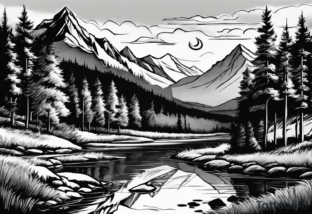Mountain scene with a river with a subtle peace sign. Use IT IS WELL written in the scene tattoo idea