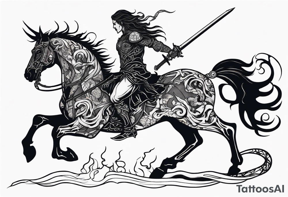 A demon with a sword on a demonic horse with visible bones and torn apart and a snake attacking tattoo idea