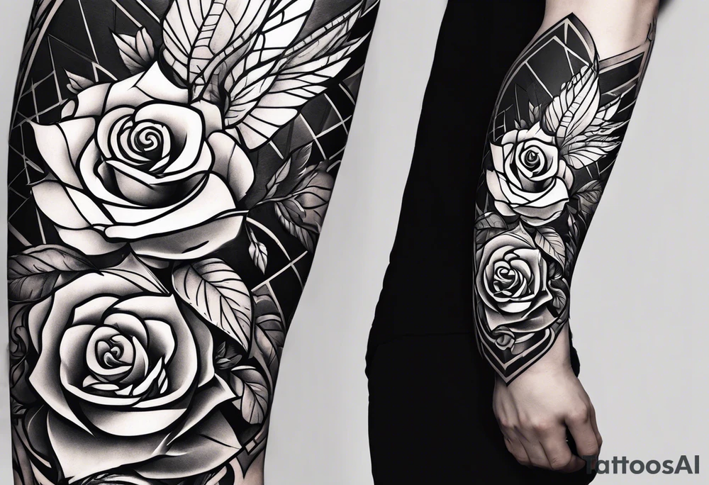 tattoo fool sleeve, old broken gothic home, broken sword, roses tattoo idea