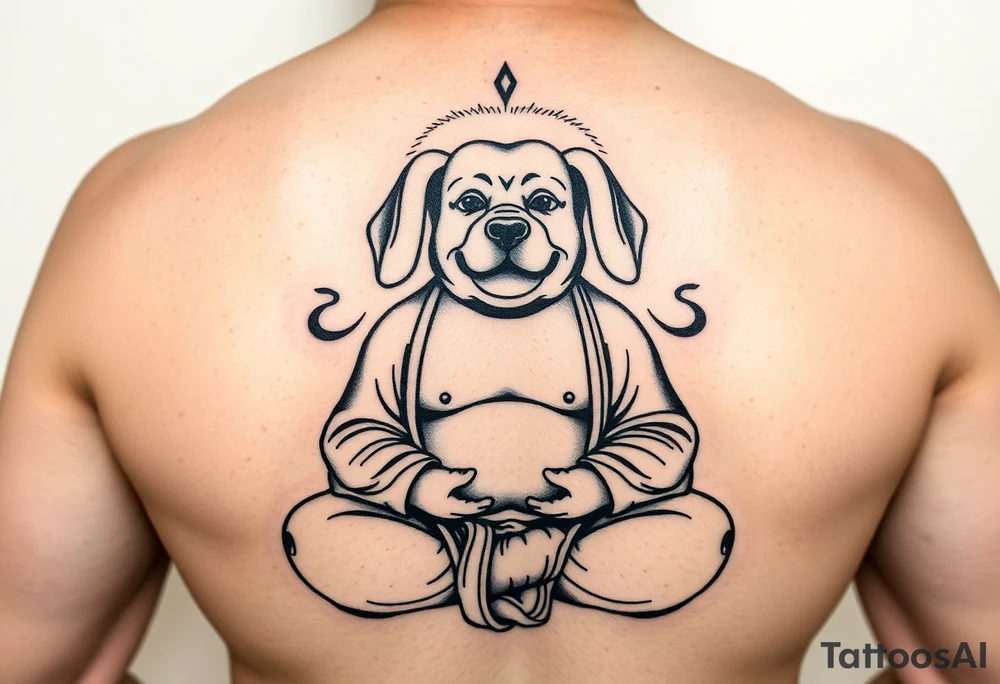 Meditating fat Buddha with happy dog head with floppy ears tattoo idea