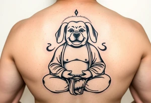 Meditating fat Buddha with happy dog head with floppy ears tattoo idea