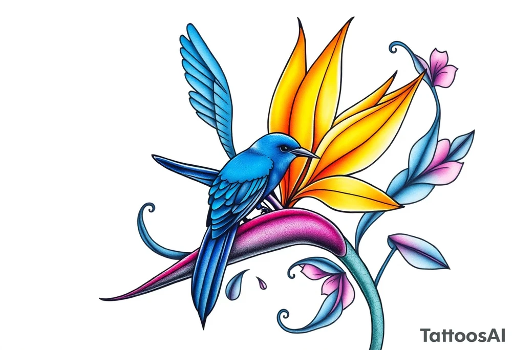 Bird of paradise flower with blue bird tattoo idea