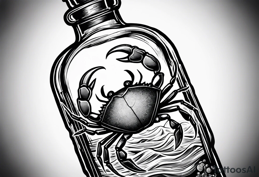 A message in a bottle with crab hanging on to the bottle. The bottle has a cork but is old looking. tattoo idea