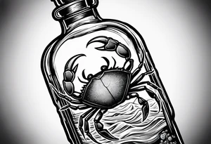 A message in a bottle with crab hanging on to the bottle. The bottle has a cork but is old looking. tattoo idea