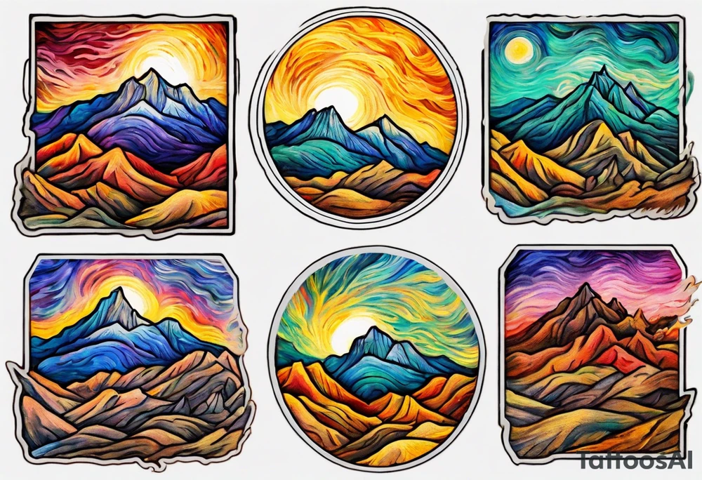 Small tattoo of New Mexico mountains, Van Gogh style, vibrant colors, swirling brushstrokes, detailed peaks, high quality, Van Gogh style, vibrant colors, swirling brushstrokes, detailed, professional, atmospheric lighting tattoo idea