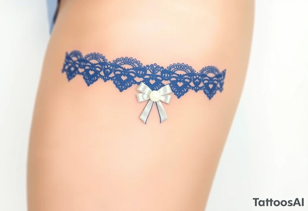 A delicate lace garter tattoo in deep royal blue, adorned with a small white satin bow and pearl centerpiece tattoo idea