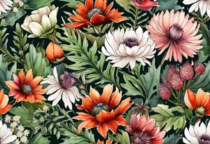 wildflowers with thistles, ferns, white flowers, cream flowers, green flowers, pink flowers, burnt orange flowers, red flowers, berries and all in watercolor tattoo idea