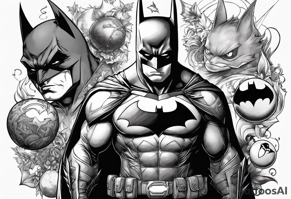 Batman holding three pokeballs, gengar standing near Batman, noibat behind Batman and pikachu holding a Batarang tattoo idea