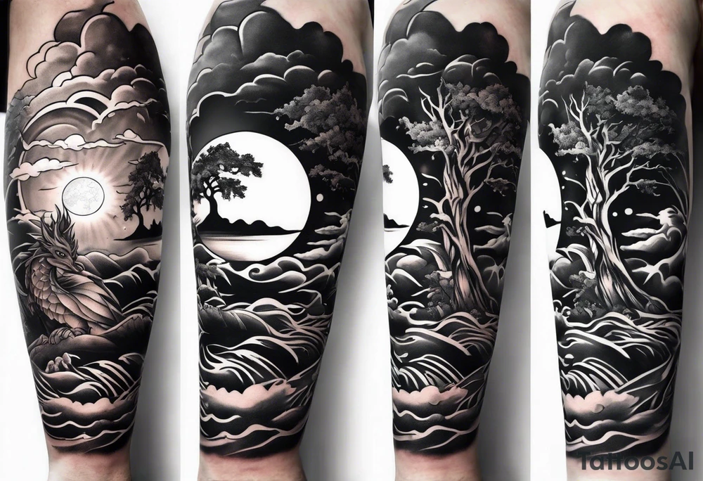 Half sleeve forearm tattoo. Representing the hero’s journey. Haku the dragon, a tree, clouds, a broken sword, the sun and moon tattoo idea