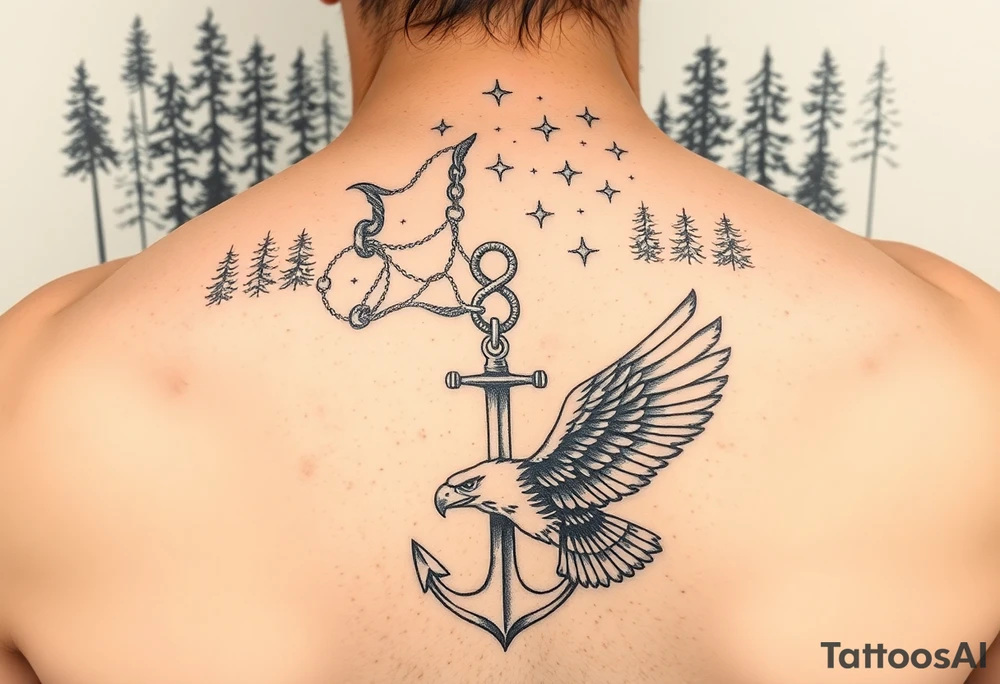 rustic Father time and the Keeper of the stars with a Forest backround, a hidden anchor, and 
Canadian Air force eagle tattoo idea