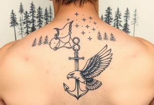 rustic Father time and the Keeper of the stars with a Forest backround, a hidden anchor, and 
Canadian Air force eagle tattoo idea
