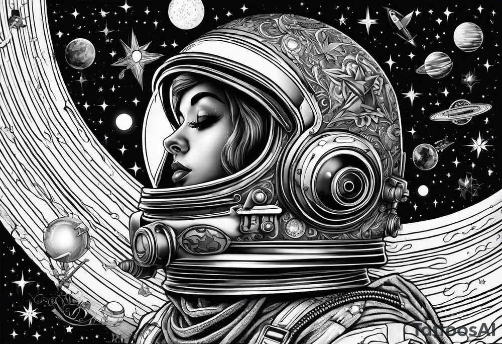 Craft an intricate black and white tattoo design inspired by the themes and imagery from Ray Bradbury's "Cosmonaut" and the poignant lyrics of Elton John's "Rocket Man." tattoo idea