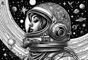 Craft an intricate black and white tattoo design inspired by the themes and imagery from Ray Bradbury's "Cosmonaut" and the poignant lyrics of Elton John's "Rocket Man." tattoo idea