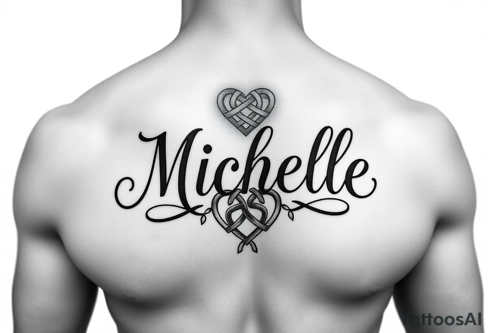 Design a tattoo for a man’s chest of a woman’s name (Michelle). Incorporate a Celtic knot and subtle heart tattoo idea