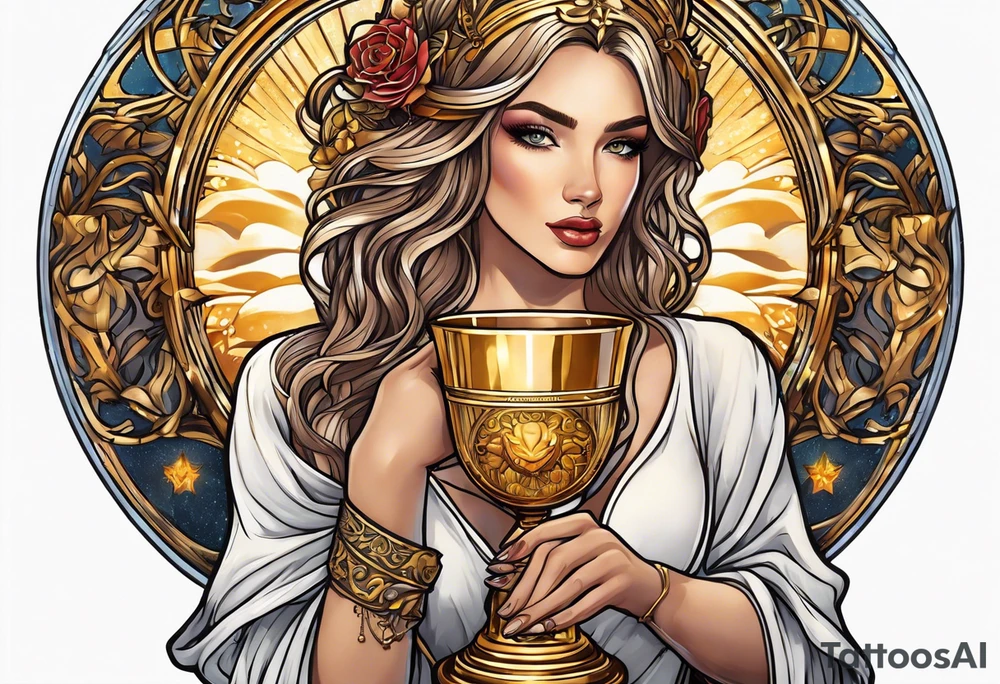 woman holding chalice surrounded by golden halo tattoo idea