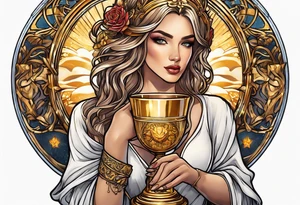 woman holding chalice surrounded by golden halo tattoo idea