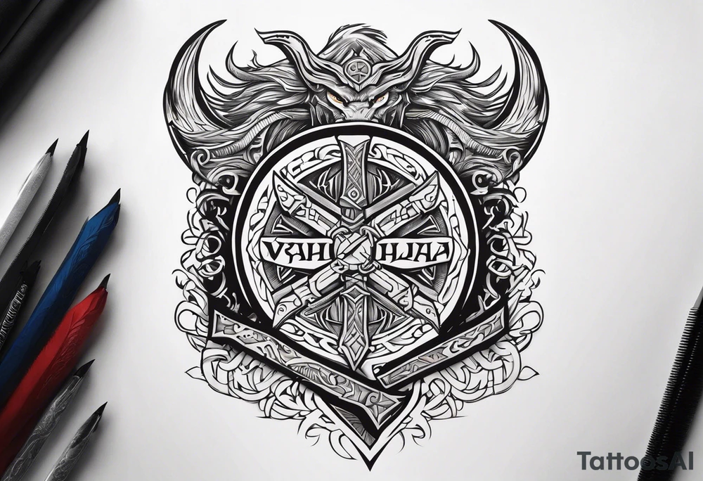 Valhalla sword shield dragon axe viking church tattoo idea