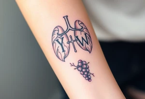 Initials "YH WH" in lungs with cross and grape on vine tattoo idea