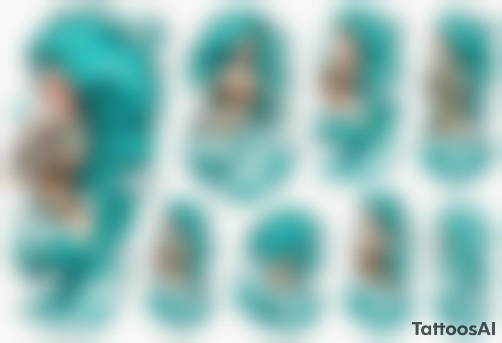 a tall woman made of water with turquoise hair riding the waves tattoo idea