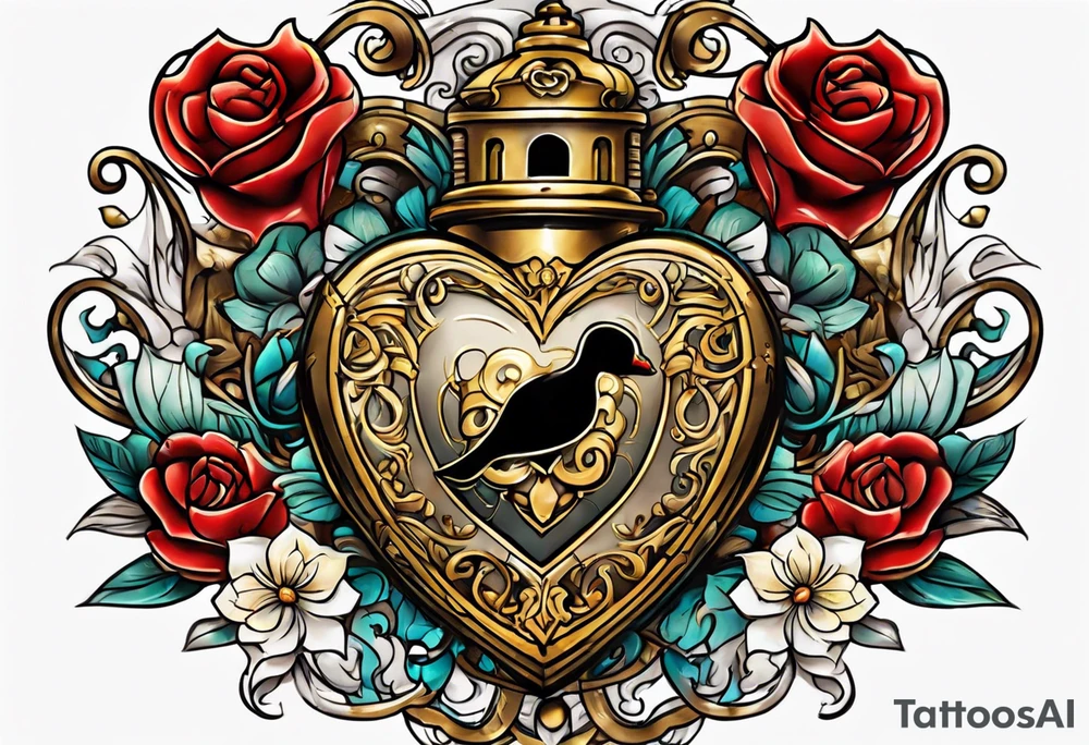 vintage heart lock and ket tattoo idea