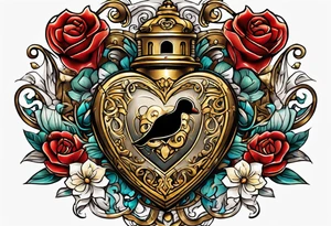 vintage heart lock and ket tattoo idea