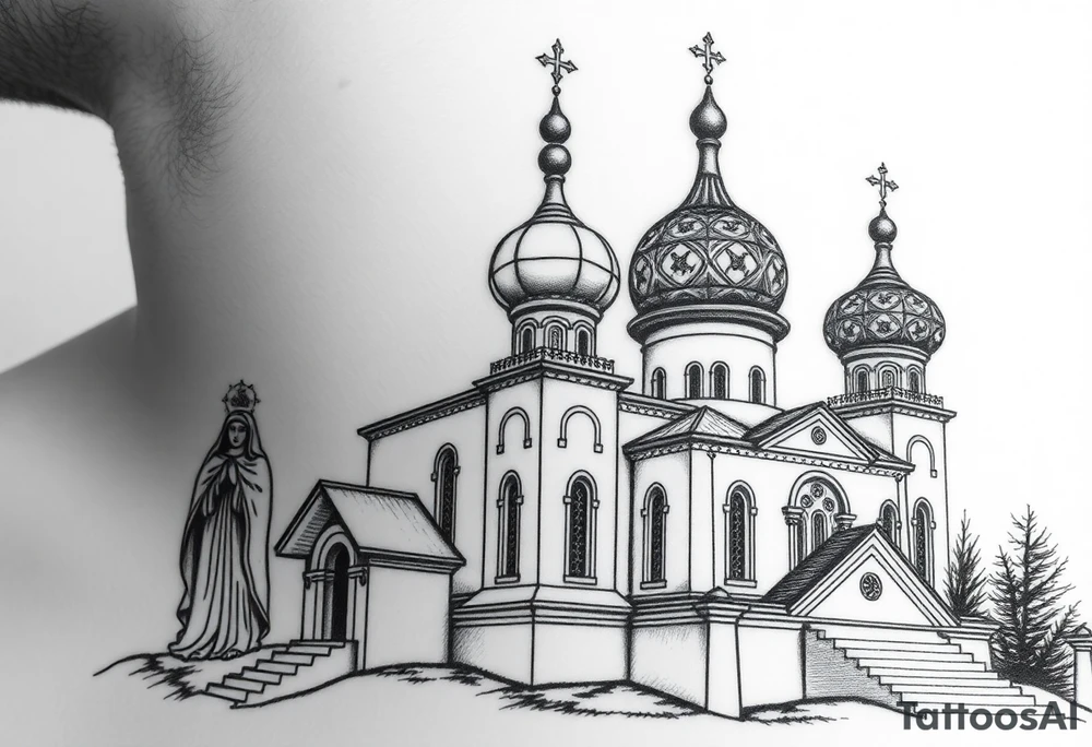 Russian orthodox church with bulb domes with a prominent russian orthodox style virgin mary stood outside to the left tattoo idea