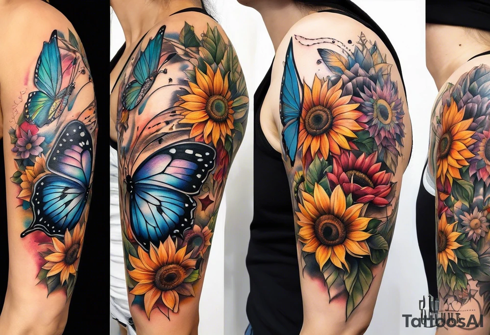 Quarter Leg sleeve with dreamcatcher, rainbow sunflowers and one butterfly tattoo idea