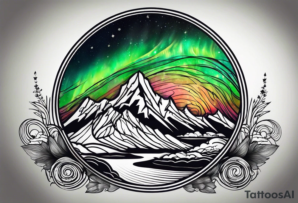 northern lights mountain circle shaped tattoo idea