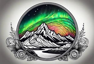 northern lights mountain circle shaped tattoo idea