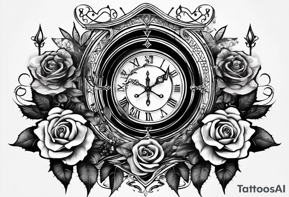 I want a design for printing on t-shirts, the design is an hourglass with a hand clock in the middle with Amazigh numbers, and these two main elements are mixed with thorny roses and planets tattoo idea