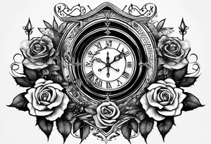 I want a design for printing on t-shirts, the design is an hourglass with a hand clock in the middle with Amazigh numbers, and these two main elements are mixed with thorny roses and planets tattoo idea