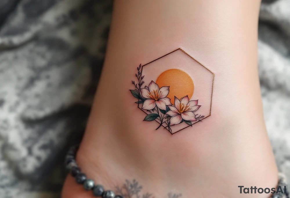 Faint Hexagon with Leo, larkspur and water lilies in the center tattoo idea