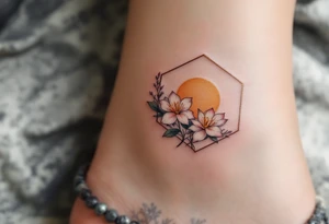 Faint Hexagon with Leo, larkspur and water lilies in the center tattoo idea