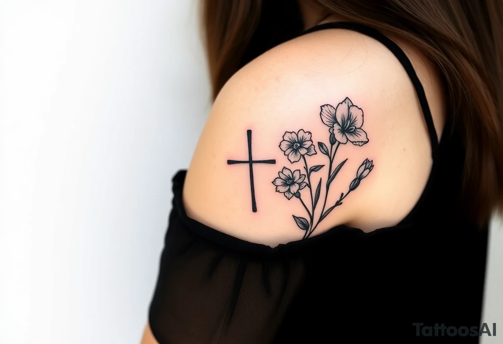 tattoo with butterfly: one side representing death and the other life. (from death to life) with a simple cross down the middle. The life side I's like the following flowers: Morning Glory, Lily of the Valley, Daffodil, Rose, Poppy, and Iris tattoo idea