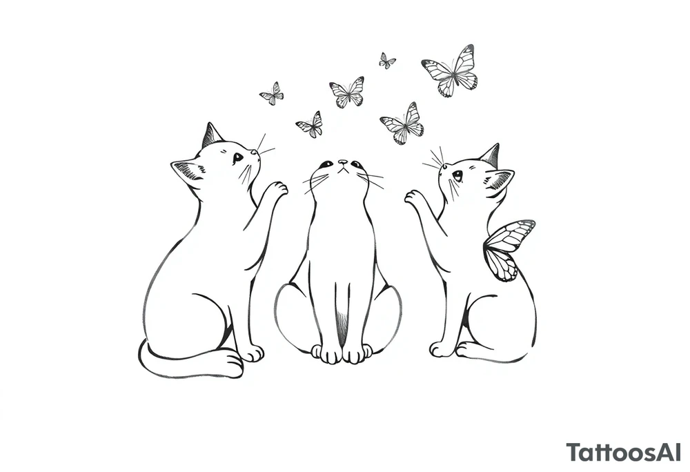 three cats playing with butterflies tattoo idea