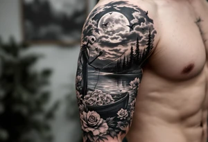 jack skellington smoking and fishing, on a boat of roses, cloudy sky, full moon, birds,pine trees, river tattoo idea