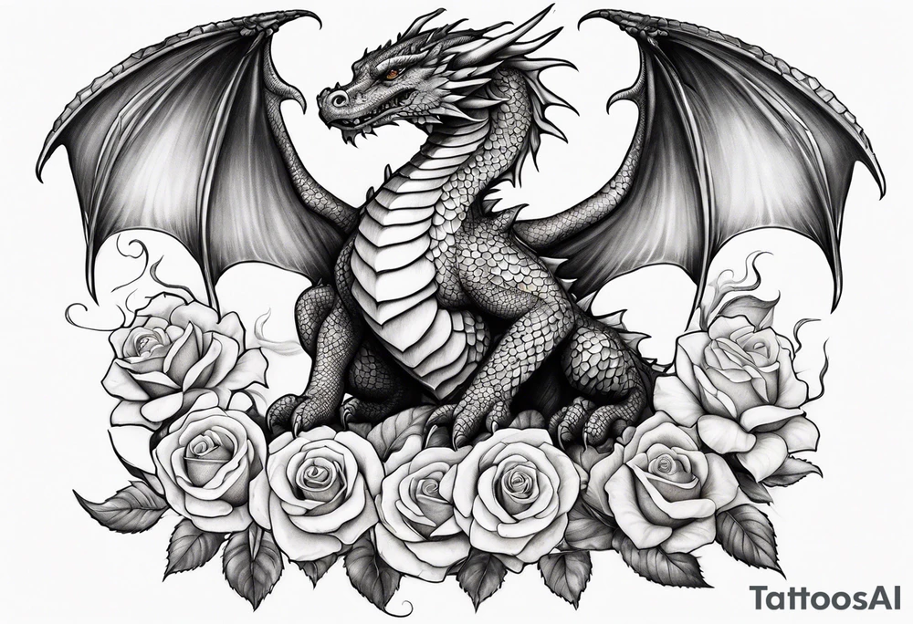 Mother dragon with wings spread two baby dragons and roses tattoo idea