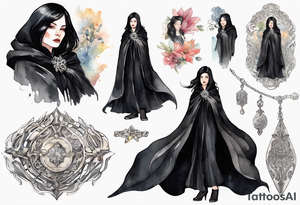 a 50-year-old black-haired woman dressed in a black cloak with a silver brooch tattoo idea