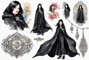 a 50-year-old black-haired woman dressed in a black cloak with a silver brooch tattoo idea