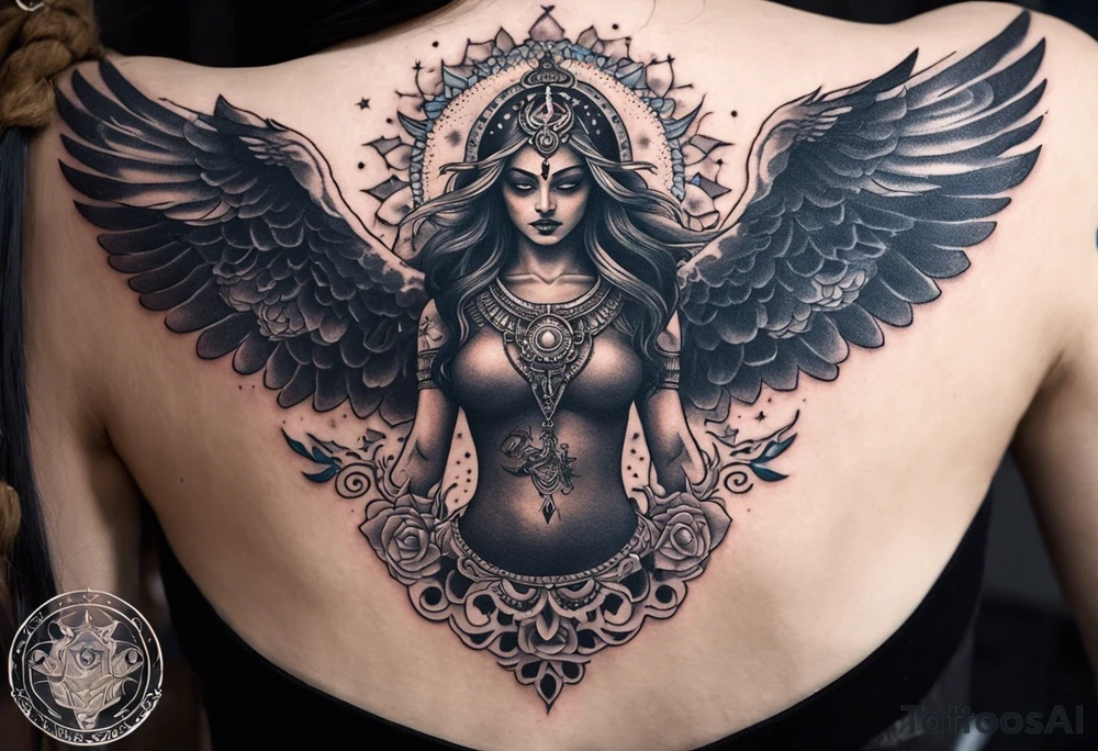 black kali, goddess pirate, alien, angel, pachamama, valkrye, warrior, flying, skull, lotus azul, wing, eagle, zenza resonance, stars, 5D, anahata chakra, death, durga, riding on a tiger, flying lady, kundalini, chest tatoo, rebel tattoo idea