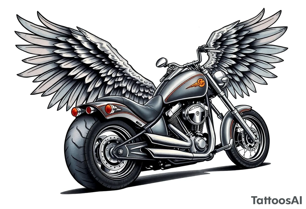 Low rider grey motorcycle, big muffler pipes with flames, angel wings, driving away, no person tattoo idea